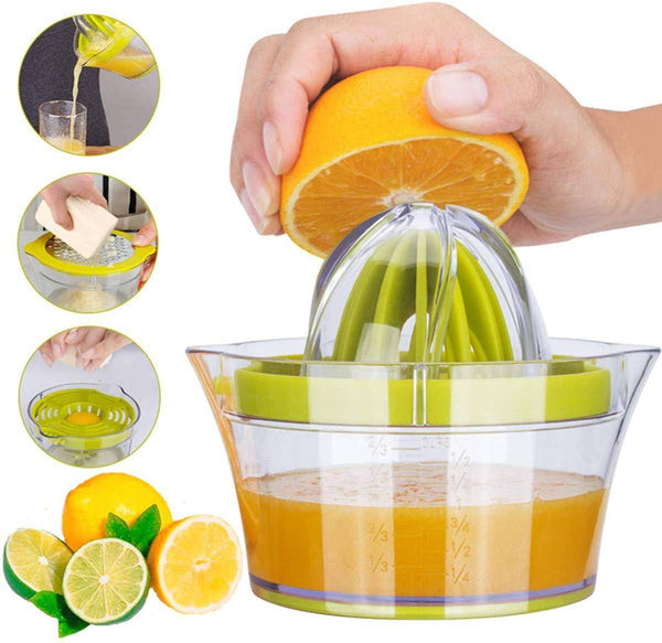 4 in 1 Multi-Function Manual Juicer extracting juice from an orange with various citrus fruits in view.