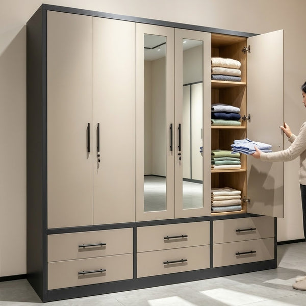 6-Door Wardrobe with Mirrored Doors and 6 Storage Drawers