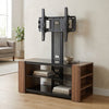 Modern Glass TV Stand with mount for flat-screen TVs and stylish wooden side shelves.