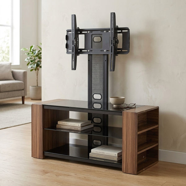 Modern Glass TV Stand with mount for flat-screen TVs and stylish wooden side shelves.