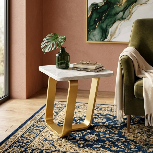 Wooden Coffee Table with Cross Frame Metal Legs displayed in a stylish living room with plant and decor.