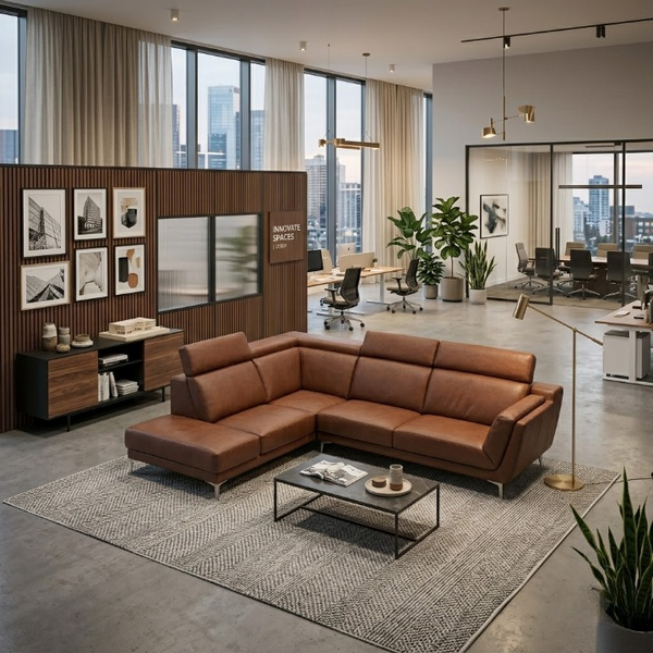 Asher L-Shaped Sectional Sofa with Adjustable Headrests in modern office setting.