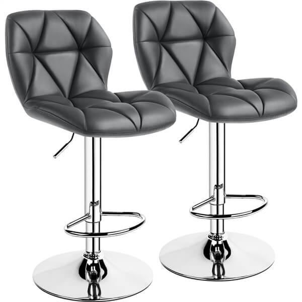 Adjustable Bar Stool and Table Set featuring two modern gray bar stools with chrome bases and stylish quilted design.