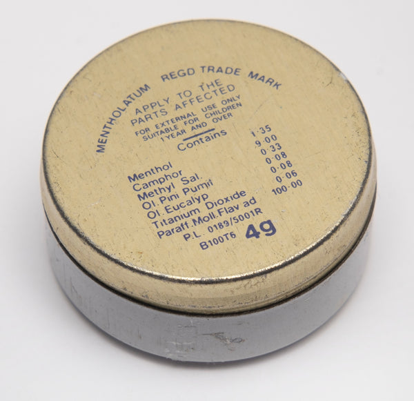 Mentholtianlan Medicated Relief Balm tin showing ingredients and usage instructions, offering targeted relief for muscle discomfort.