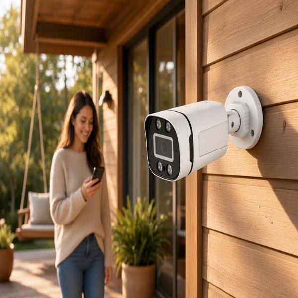 5MP Full-Color Bullet Security Camera mounted on a wooden wall with a woman using a smartphone nearby.
