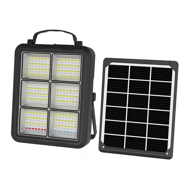 400W Portable Solar Rechargeable LED Flood Light with solar panel for outdoor illumination.