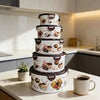 Classic Polished Enamel Ice Flower Bowl 5 Piece Set stacked in a kitchen, showcasing nested colorful bowls.