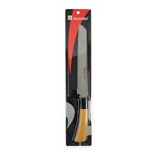 Serrated Bread Knife with Wood-Style Handle in packaging, ideal for slicing fresh bread and baked goods.