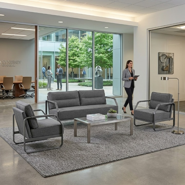 Mason Industrial Executive Office Couch in a modern office reception setting with a stylish and professional ambiance.