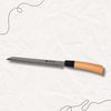 Serrated Bread Knife with Wood-Style Handle on a textured background.