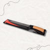 Serrated Bread Knife with Wood-Style Handle in packaging on a light background.