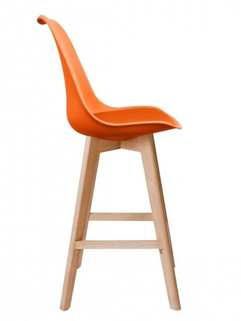 Fusion Living Aqua Soho Plastic Bar Stool in vibrant orange with a modern wooden base, ideal for kitchens and home bars.