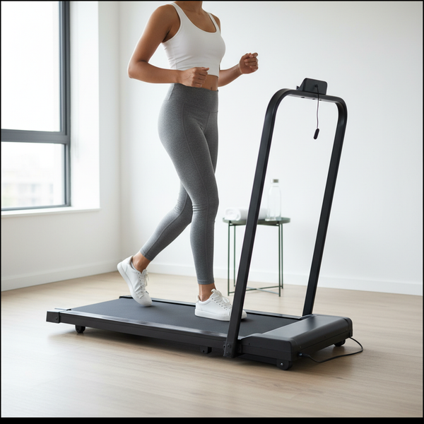 Person jogging on the Cross-Border Electric Home Treadmill with LED Display in a bright room.