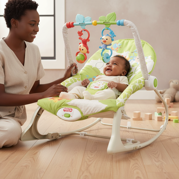 Baby Chair Design Detachable Soft Baby Rocking Chair with playful toys and reclining feature for infants.