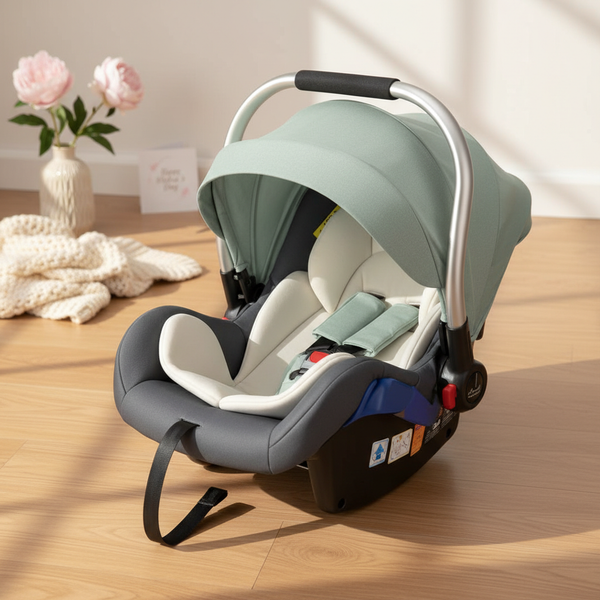 Baby Basket-Style Car Safety Seat in soft green with protective canopy, providing comfort and safety for newborns.