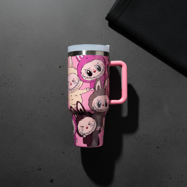 Stainless Steel Double-Drink Mug featuring colorful character designs on a pink background.