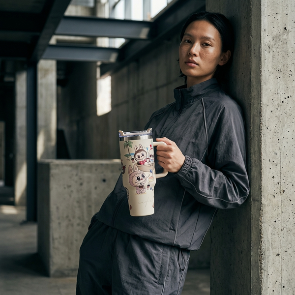 Woman in a gray outfit holding a decorated Stainless Steel Double-Drink Mug against a concrete wall.
