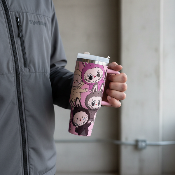 A person holding a colorful pink Stainless Steel Double-Drink Mug featuring cute cartoon characters.