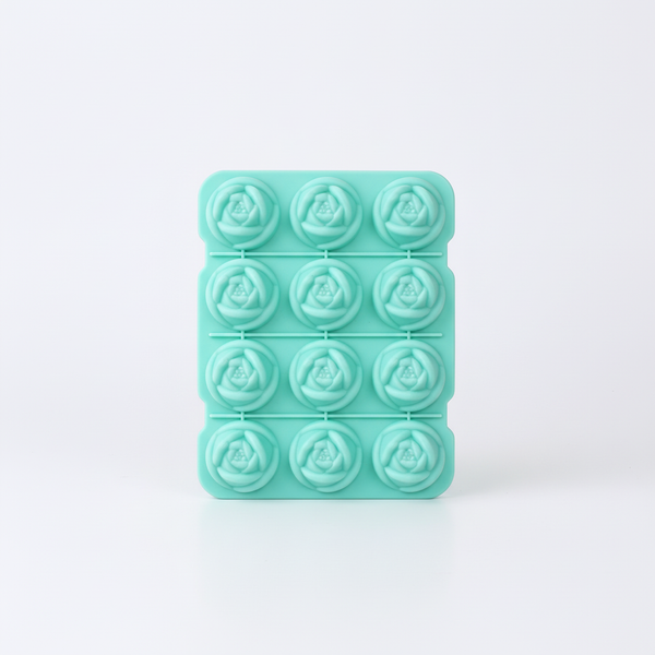Flower-Shaped Silicone Ice Cube Tray in teal color, featuring rose-shaped compartments for elegant ice cubes.