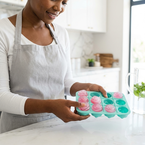 A person holding a Flower-Shaped Silicone Ice Cube Tray filled with flower-shaped ice cubes in a kitchen.