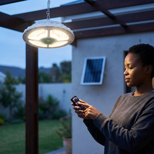 A woman using a remote control to adjust the LED Chandelier with Solar Panel 400W hanging in an outdoor setting.