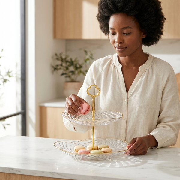 Woman placing macarons on a Dessert Rack Tabletop Stand in a modern kitchen.