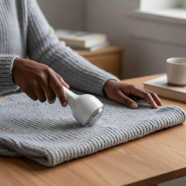 Person using a Rechargeable Lint Shaver & Fabric Defuzzer on a gray knit sweater at a wooden table.