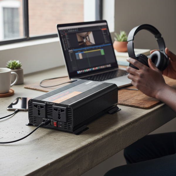 Sine Wave 1000W inverter providing stable power on a desk with a laptop and headphones.