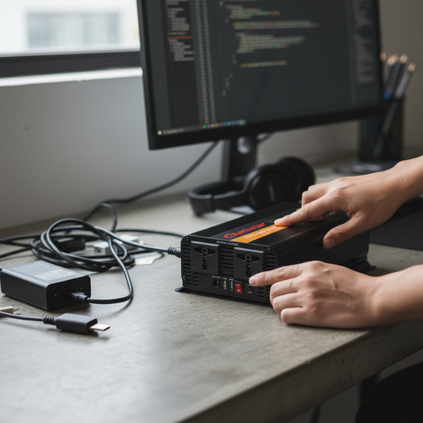 Sine Wave 1000W inverter being operated on a desk with computer setup and cables.