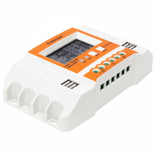 AMISTAR Solar Controller 12/24 Volt 20A with LCD display and multiple connections for optimal solar battery management.