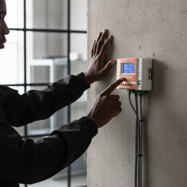 User adjusting AMISTAR Solar Controller 12/24 Volt 20A mounted on a wall for optimal solar battery charging.