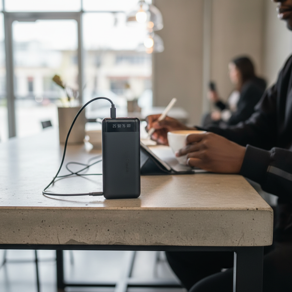 20000mAh Power Bank with Built-In Cables charging at a café table with a person using a tablet.