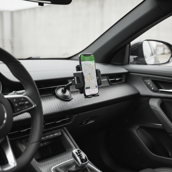 360-degree rotating multifunction car phone holder securely holding a smartphone on the dashboard for easy navigation while driving.