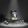 LED Christmas Projector Light box on display with festive imagery and decorations in a dark setting.