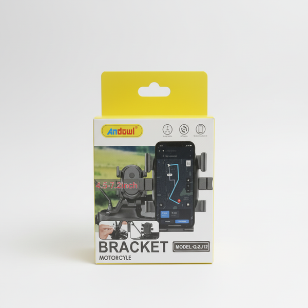 Packaging of Universal Bike & Motorcycle Phone Mount with phone bracket and navigation display.