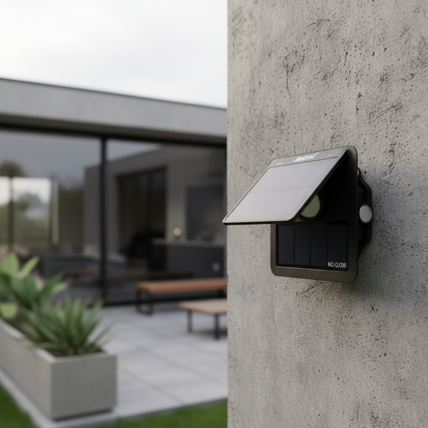 Solar Wall Light unit with integrated solar panel mounted on a concrete wall, providing outdoor lighting.