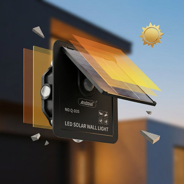 Solar Wall Light unit with integrated solar panel showcasing adjustable solar panel for optimal sunlight capture.