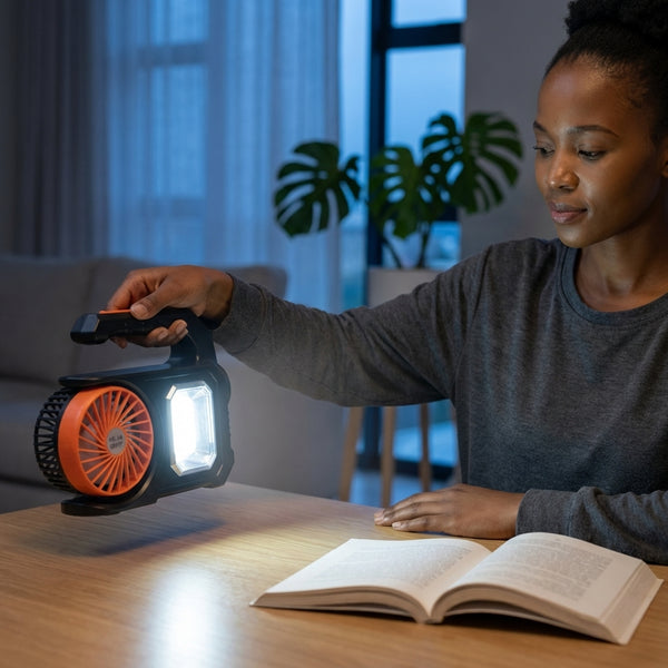 Person using a Rechargeable Camping Light with Solar Charger and Fan while reading a book in a cozy indoor setting.