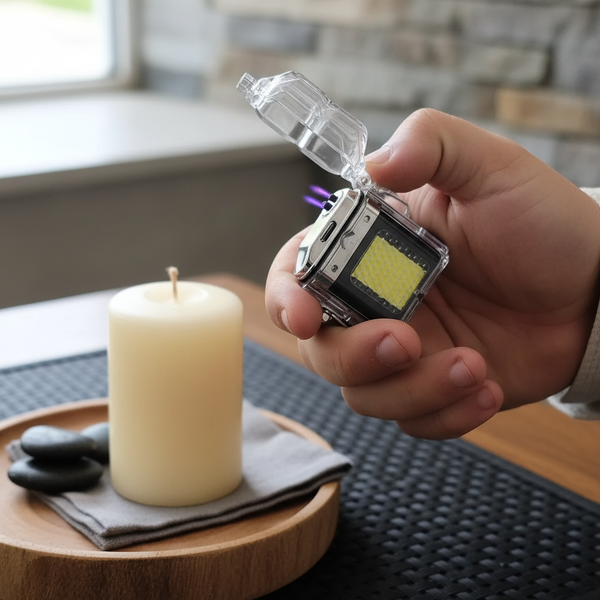 Person holding a Rechargeable Plasma Lighter with LED Flashlight next to a candle.