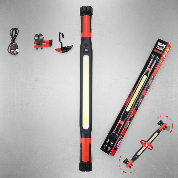 Rechargeable Magnetic LED Work Light Bar with accessories and packaging on a metallic surface.