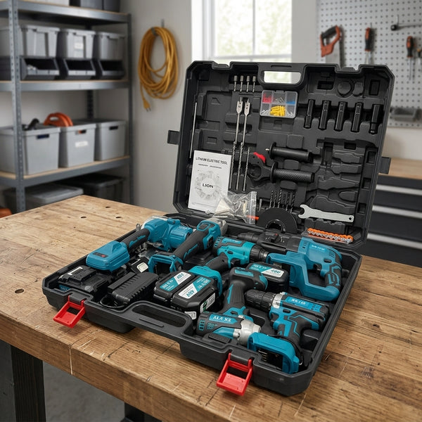 6-piece power tools set cordless brushless drills in organized tool case on a workbench.