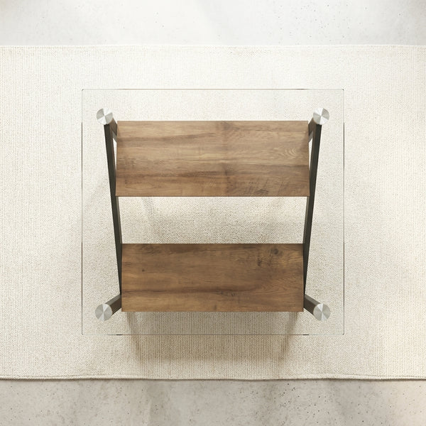 Modern Adjustable 1-Tier or 2-Tier Glass and Wood Coffee Table with transparent glass top and wooden shelves.