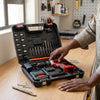 21V Multi-Function Cordless Impact Drill & Screwdriver displayed in a compact tool case with various accessories.