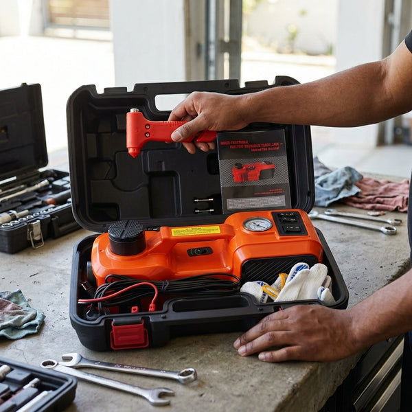 Portable 3 Ton Electric Jack Emergency Tool Set open with tools and flashlight, ideal for roadside emergencies.