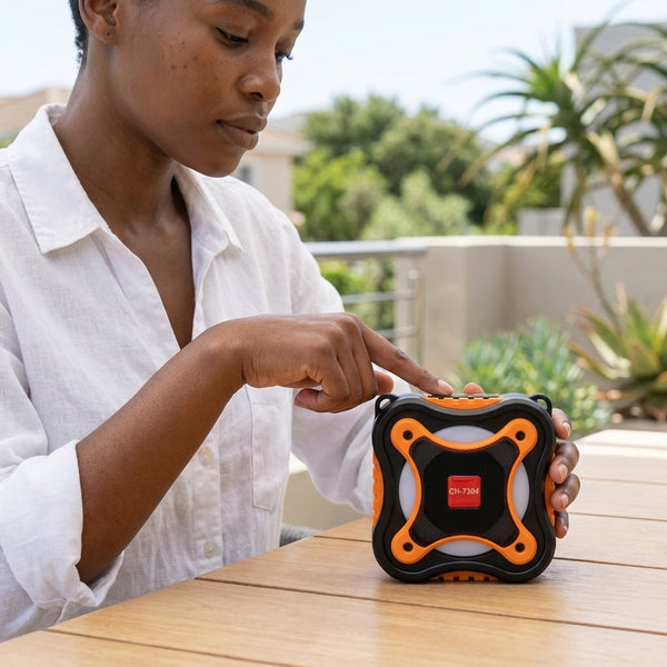 Woman using 1500W Flower Shape PTC Ceramic Fan Heater outdoors on a wooden table.
