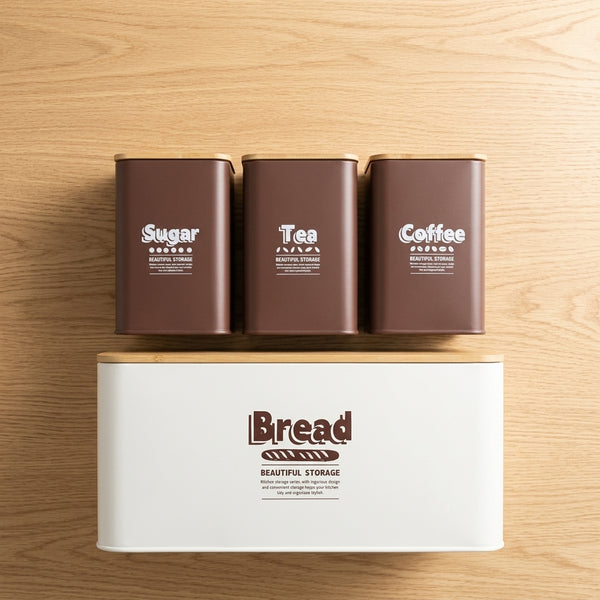 4-Piece Metal Bread Box Set with sugar, tea, and coffee canisters for organized kitchen storage.