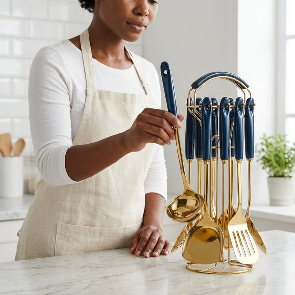 7 Pcs Stainless Steel Kitchen Tools Set Ceramic Handle displayed with a woman using a ladle in a modern kitchen.