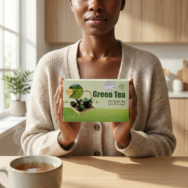 Pure Antioxidant Green Tea packaging held by a person with a cup of tea on the table.