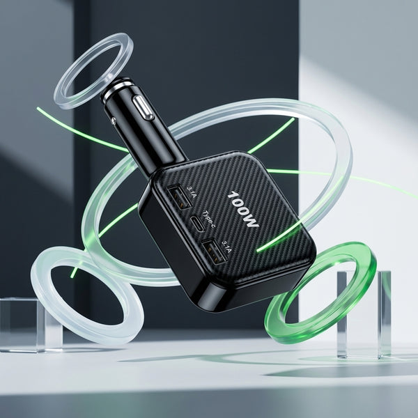 100W Dual Socket & USB Car Charger with dual ports and sleek design against a modern backdrop.