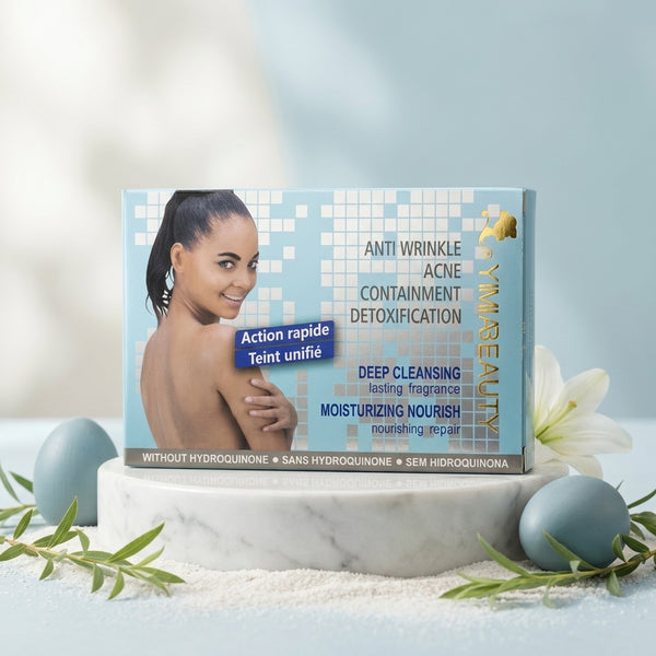 Brightening Facial and Body Soap packaging featuring a woman showcasing clear skin with anti-aging benefits.